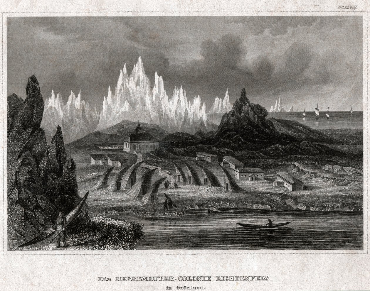 Akunnat, Grønland. (gravering, ca. 1850) av German School