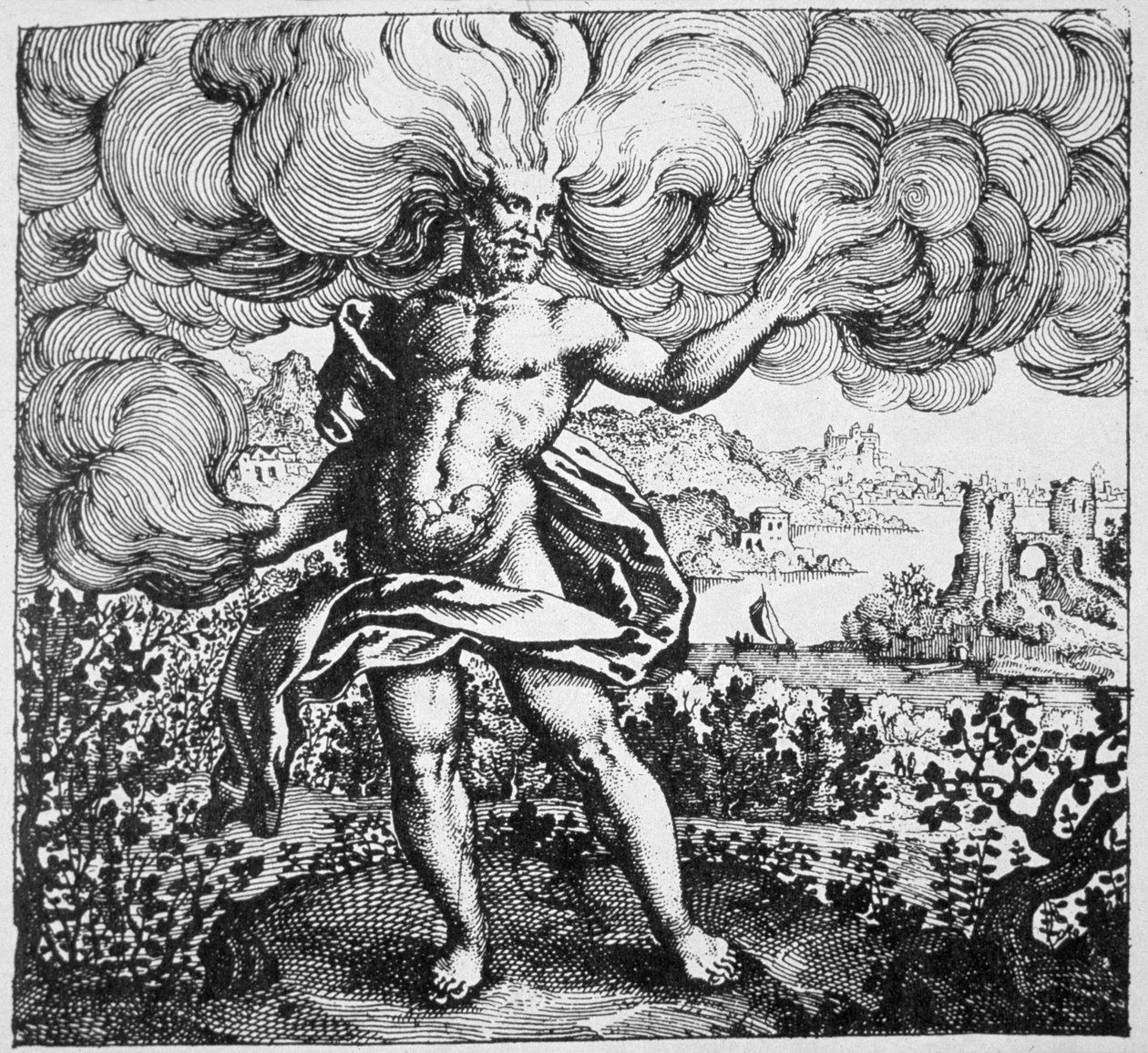 Alchemical Allegory: The Wind hash carryed it in his Body, fra Srutinium Chumicum av Michael Majer (1687) illustrert i en magihistorie publisert sent på 1800-tallet av German School