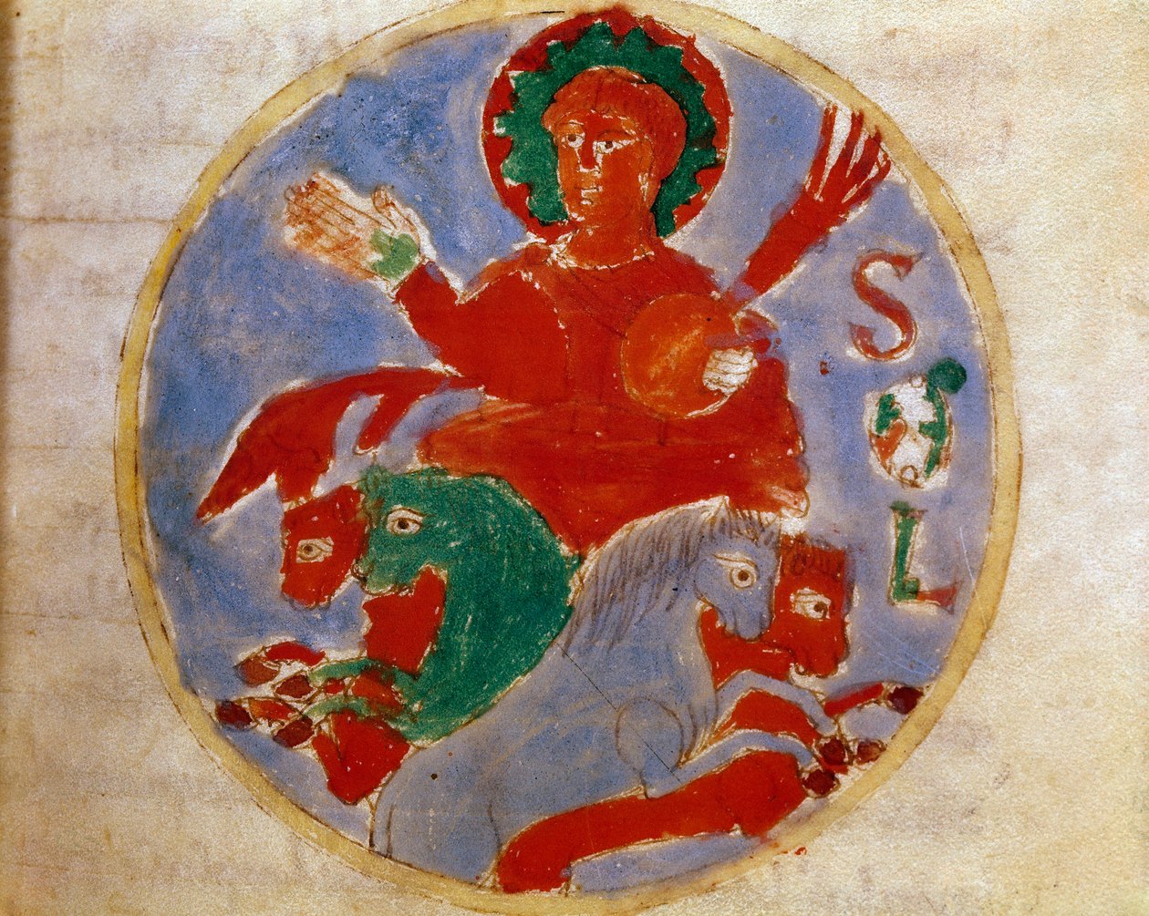 Allegorisk fremstilling av solminiatyren hentet fra bindet ""de sole" i ""De Universo"" (eller De rerum naturis (De la Nature des choses)) (kod. 132) av Rabanus Maurus Magnentius (eller Raban Maur eller Rabano) Mauro) (ca av German School
