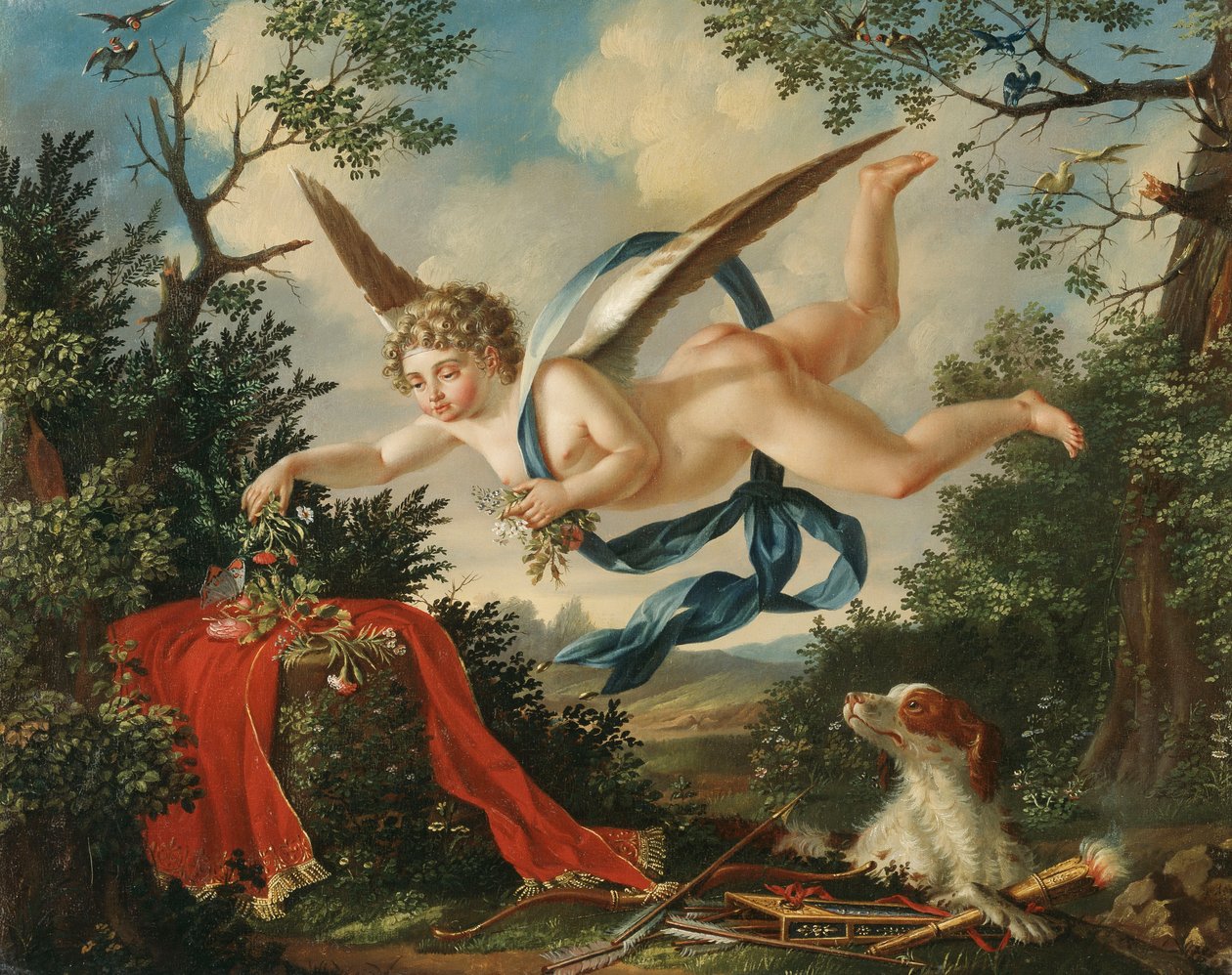 Allegories of Love - Amor samler blomster i et landskap, 1803 av German School