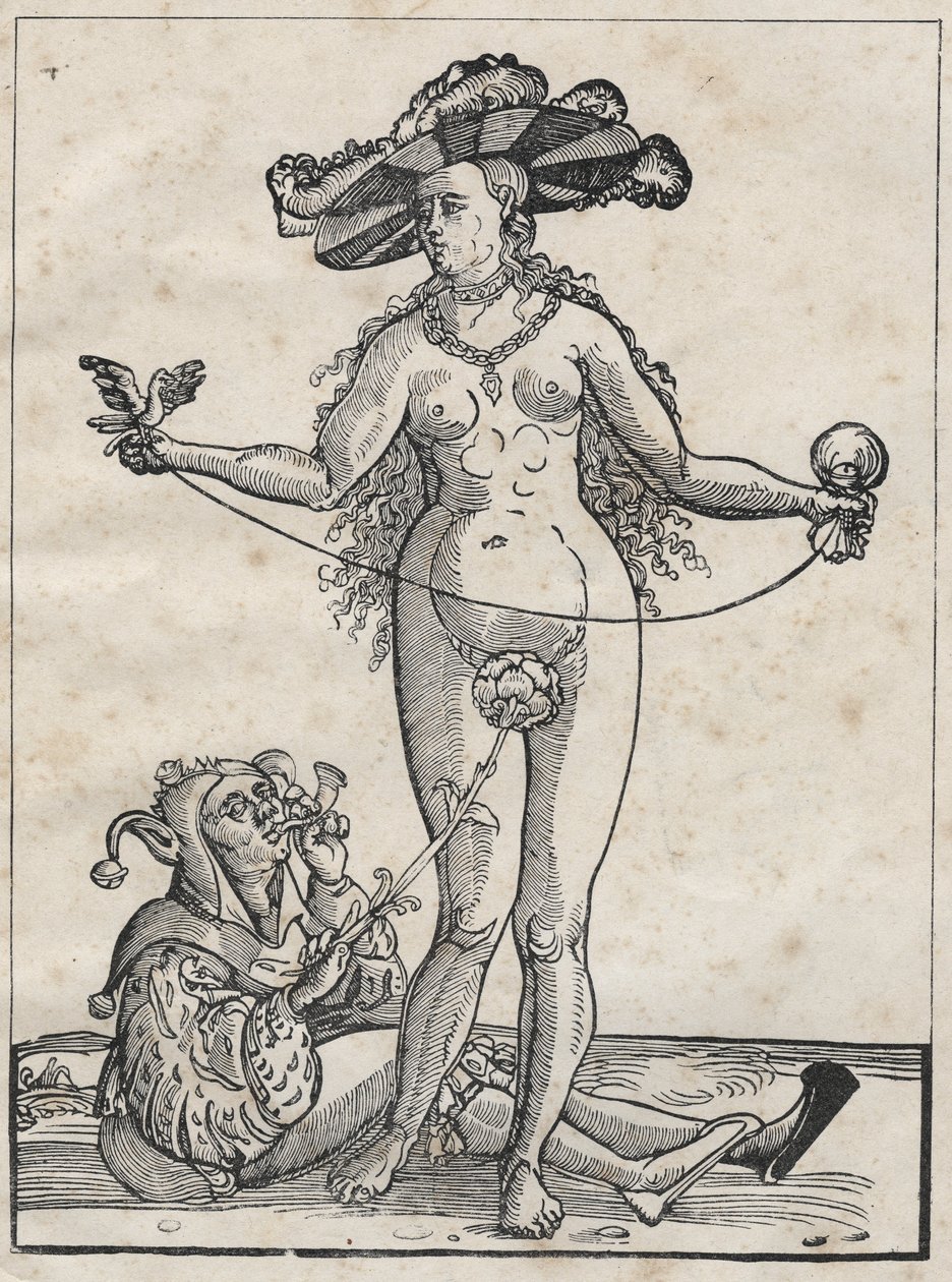 Allegori om galskap - allegorie de la folie (Kvinnen og narren) Tysk gravering fra 1500-tallet. av German School