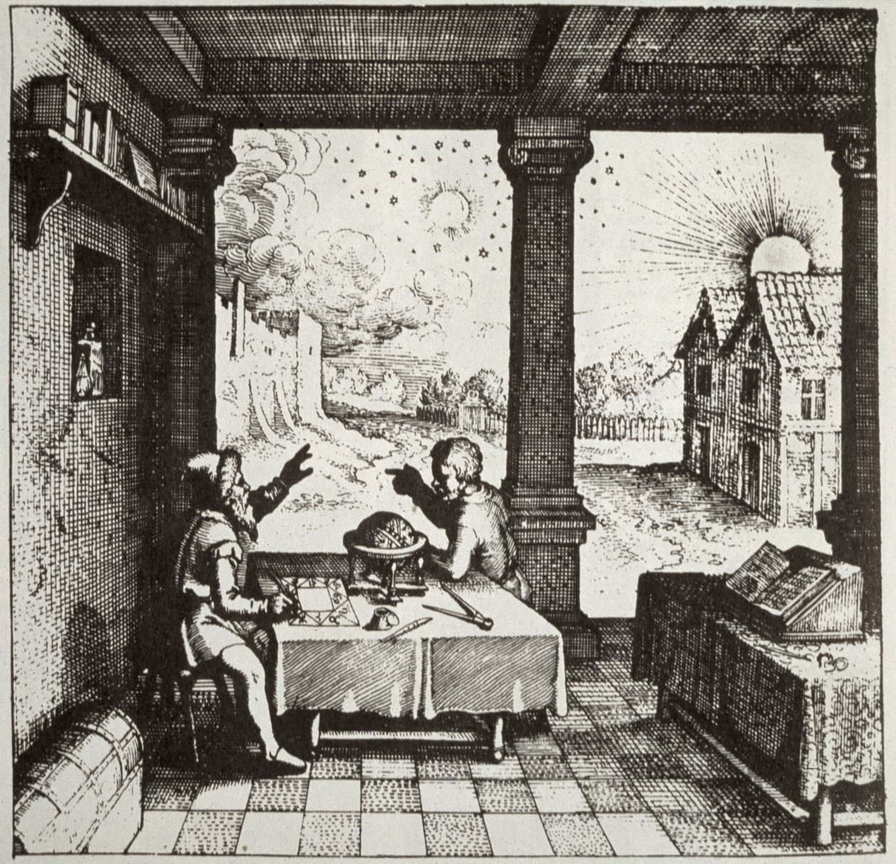 En astrolog som kaster et horoskop, kopi av en illustrasjon fra Utriusque Cosmi Historia av Robert Fludd, Oppenheim 1617, brukt i en magihistorie, utgitt sent på 1800-tallet av German School