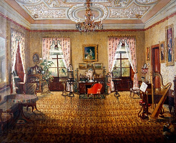 Et interiør av Schloss Tambach (olje på lerret) av German School