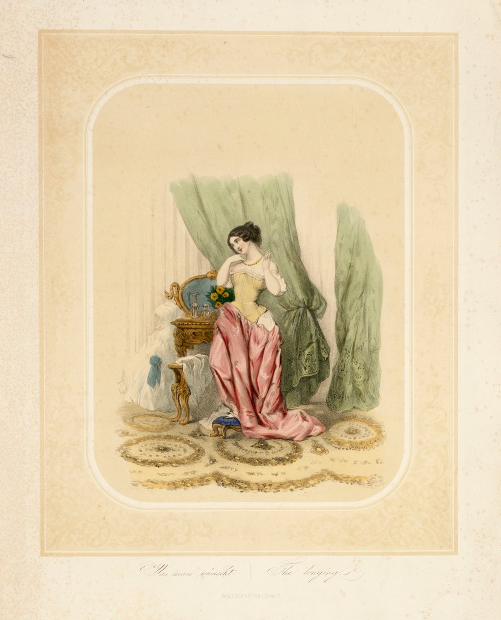 En elegant dame ved sminkebordet hennes, trykt av F. Sala & Co, Berlin, ca. 1850 av German School