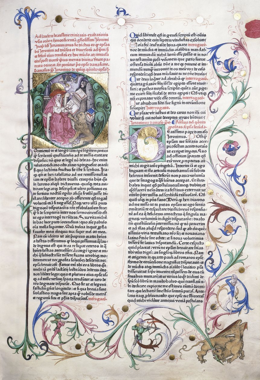 En opplyst side som viser St. Hieronymus i hans arbeidsrom, og en grense med en griffin angrepet av tre menn, 1470 av German School
