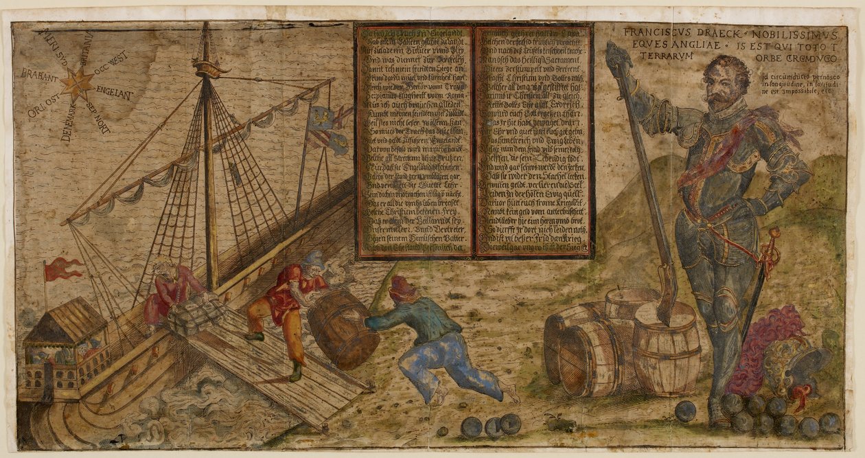 En illustrert bredside som feirer Francis Drakes kampanje mot spanjolene, illustrasjon fra 'Hier steh ich Drach in Engelandt' (penn og blekk med vask på papir) av German School
