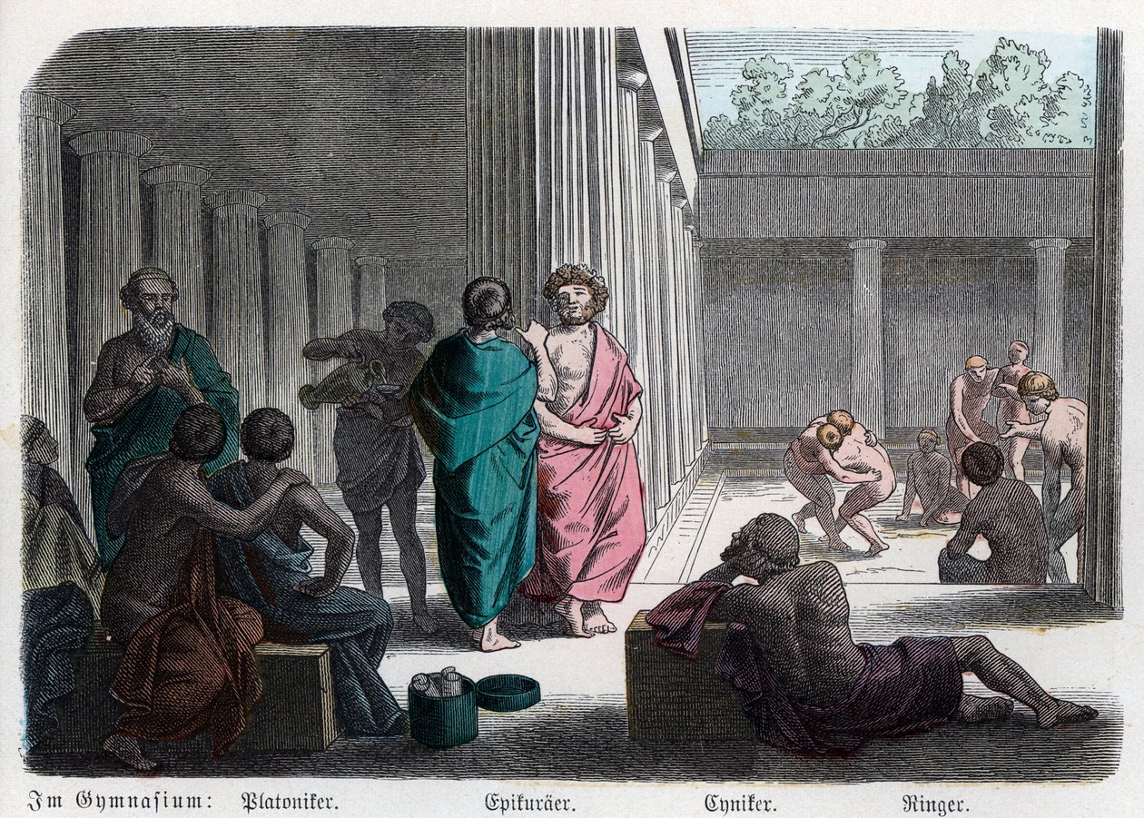 Antikkens historie. Hellas. Platonister, epikureere og kynikere: atletisk ... (gravering) av German School