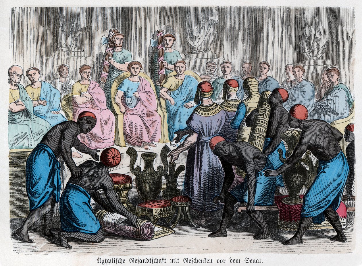 Antikkens historie. Roma. Den egyptiske ambassaden overrekker gaver til en ... (gravering) av German School