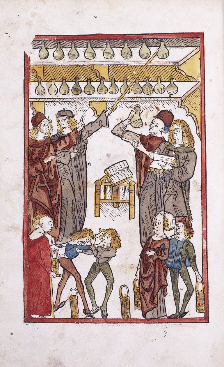Apoteker og eliksirer, med to gutter som kjemper i forgrunnen, 1491 av German School