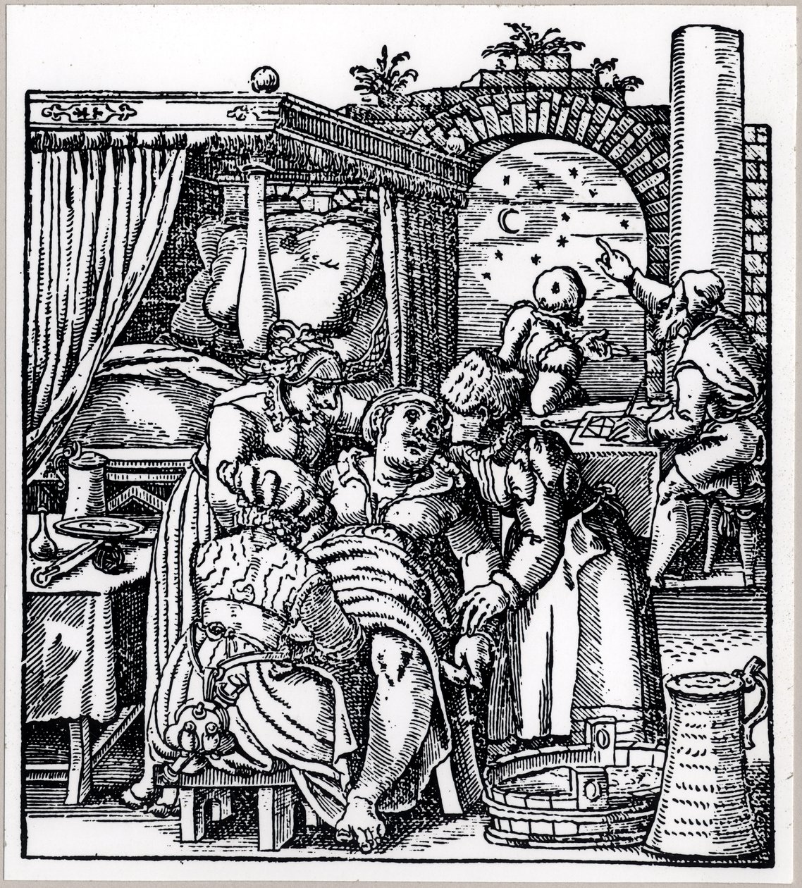 Astrologer kaster et horoskop for barnet som blir født til en kvinne i en fødselsstol, fra De Conceptu et Generatione Hominis av Jacob Rueff, utgitt i Frankfurt, 1587 av German School