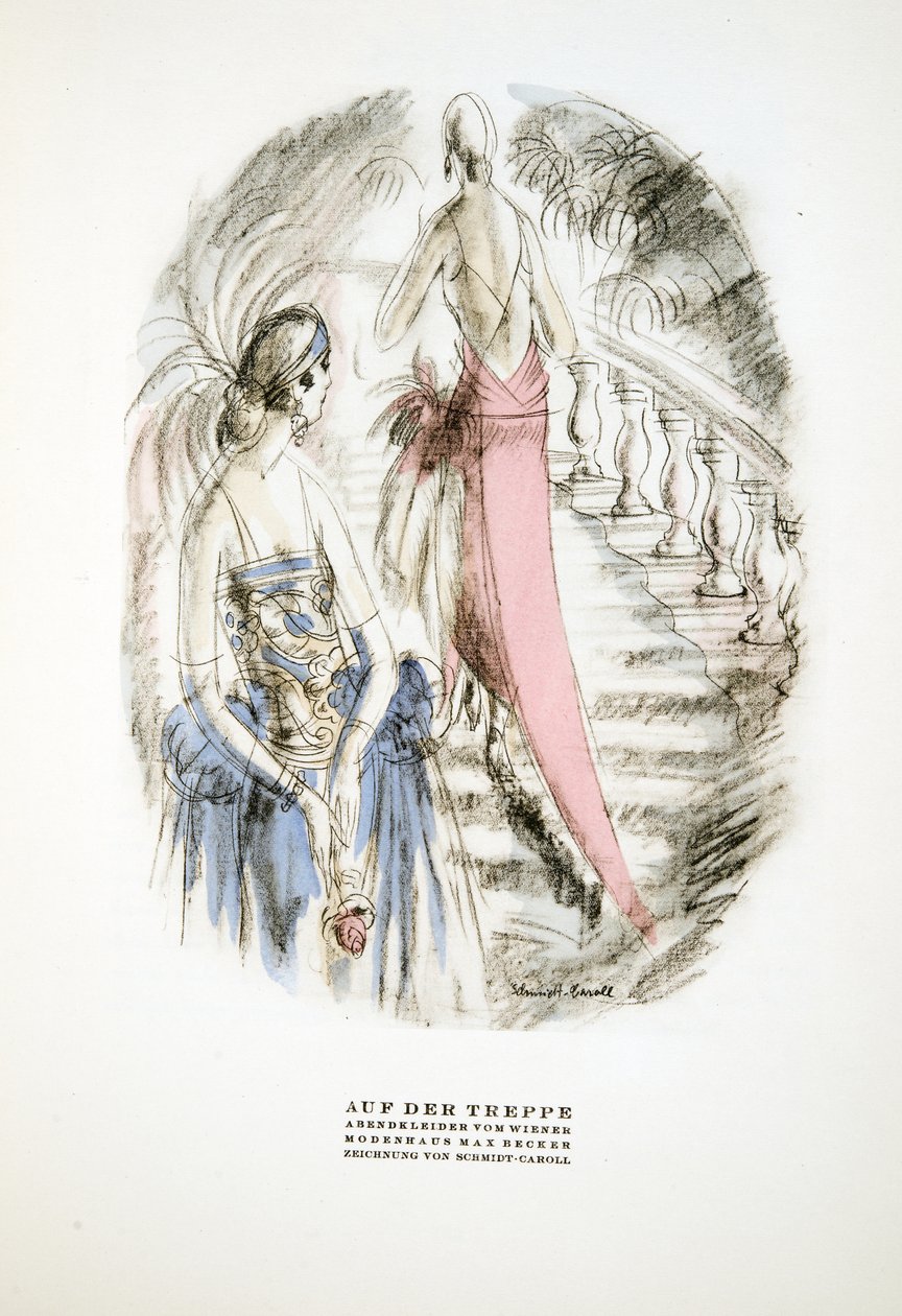 On the Stairs, Evening Dresses av Wiener, fra Styl, pub.1922 (pochoir-trykk) av German School