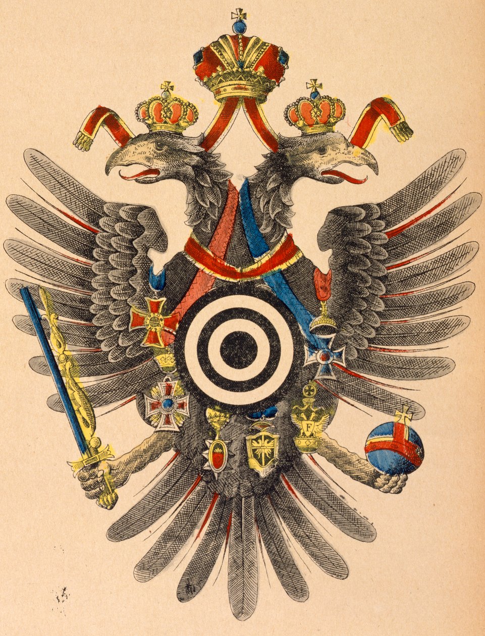 Østerriksk-ungarsk keiservåpen som mål for bueskyting, ca. 1865 (farget tresnitt) av German School