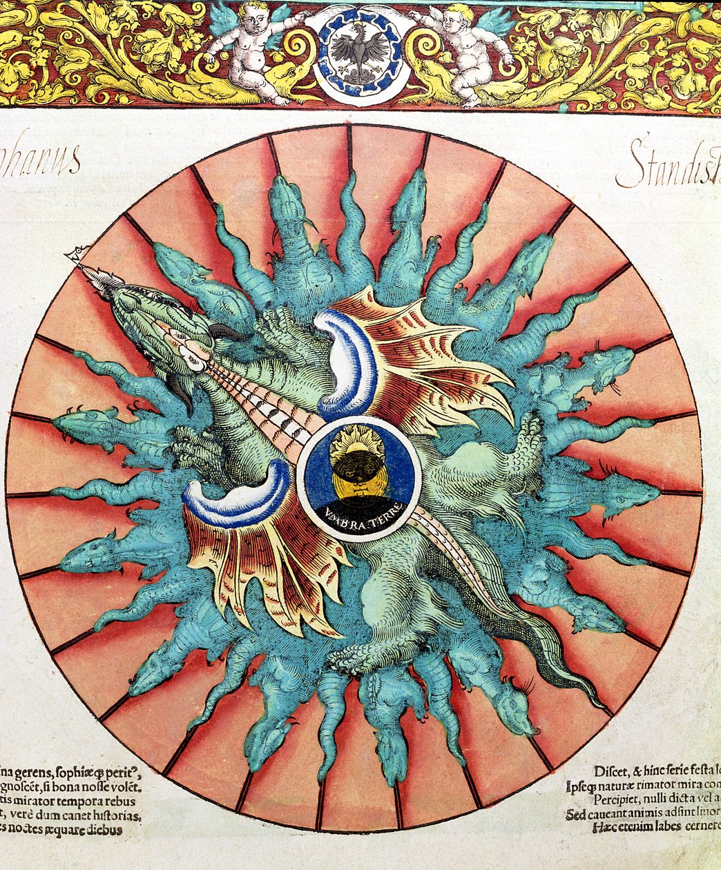 BT1.70.2 An Eclipse of the Sun, illustrasjon fra Astronomicum Caesareum av Peter Apian (Bennewitz) (1495-1552) pub. i Ingolstadt, 1540 (farget tresnitt) av German School
