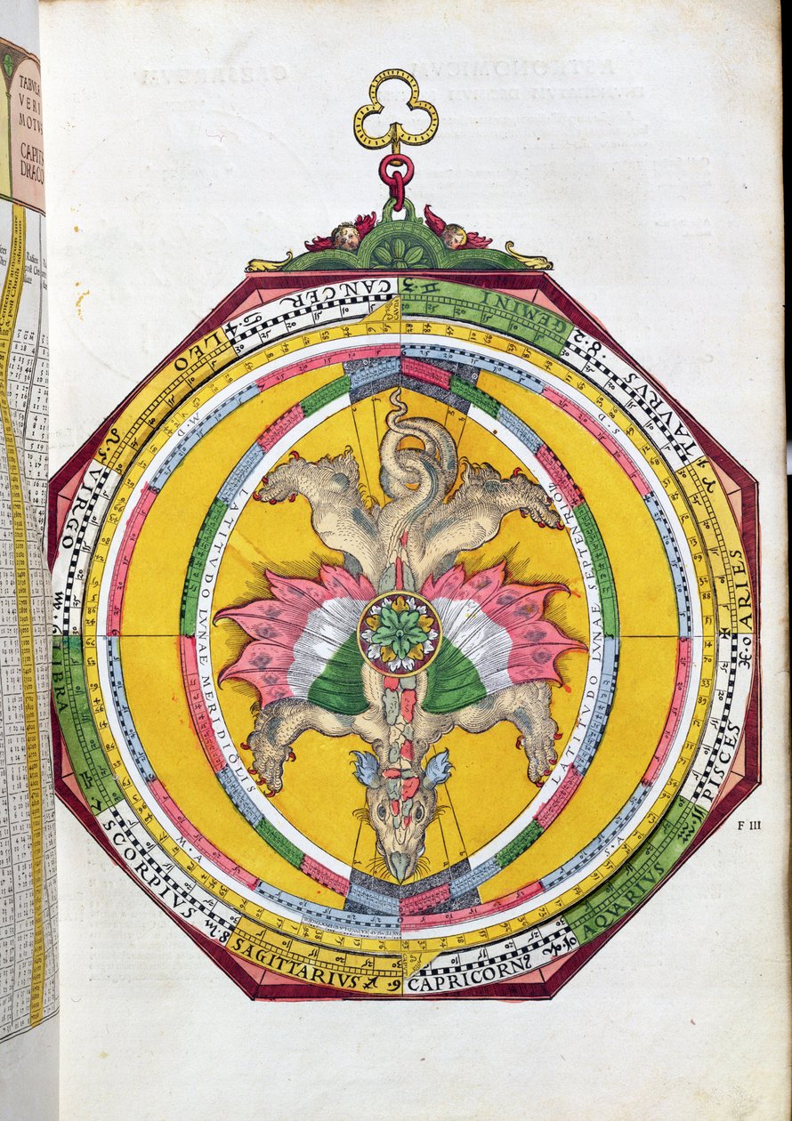 BT1.70.2 Volvelleor med dyrekretsen, illustrasjon fra Astronimicum Caesareum av Peter Apian (Bennewitz) (1495-1552) pub. i Ingolstadt, 1540 (farget tresnitt) av German School