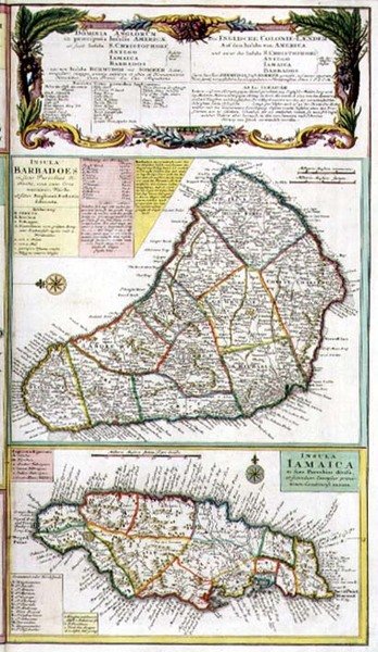 Barbados og Jamaica, detalj fra et kart over engelske kolonier i Karibien, pub. av Homanns Heirs, Nürnberg, ca. 1750 (detalj av 101836) av German School