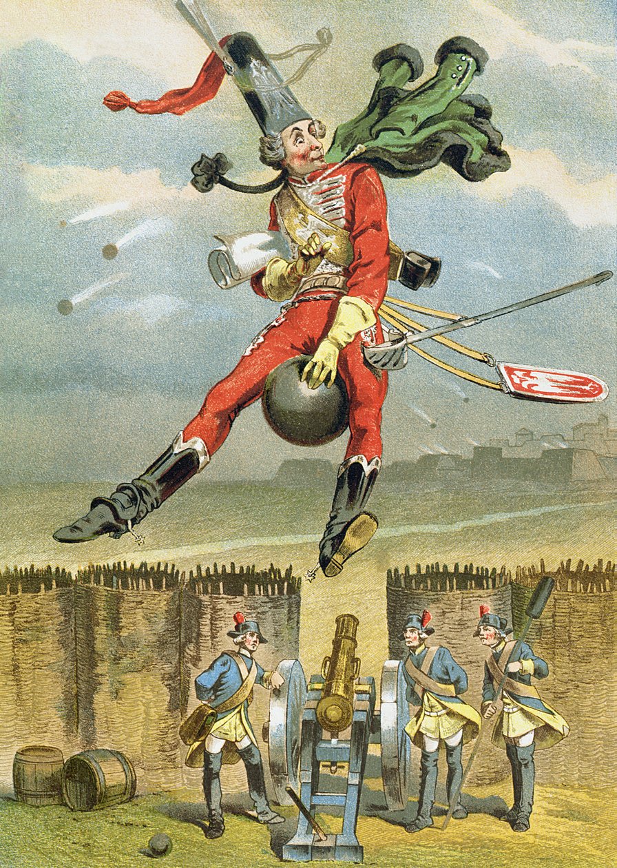 Baron Munchausen flyr over fiendens linjer på en kanonkule, illustrasjon fra en tysk utgave av The Adventures of Baron Munchausen av German School
