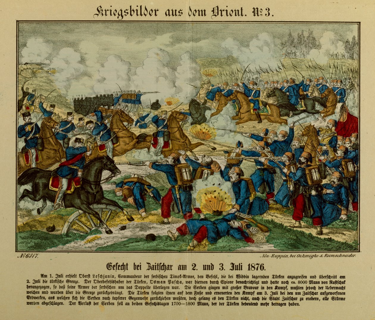 Slaget ved Zajecar, 2.–3. juli 1876, under den første serbo-osmanske krigen (1876–77), Neuruppiner Bilderbogen, 1876 av German School