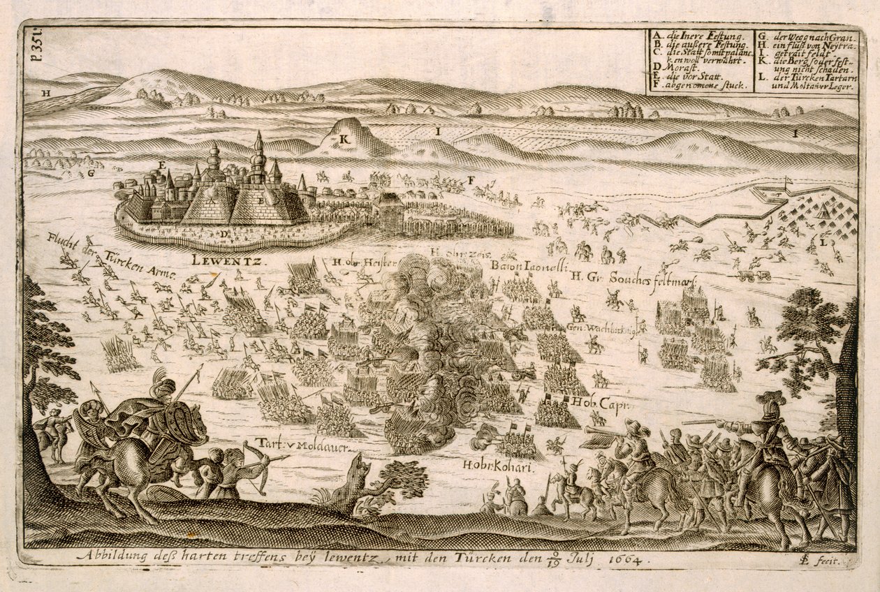 Slaget nær byen Levice i 1664, illustrasjon fra en bok om de osmanske kampanjene i Europa, gravert av Paul Furst (ca. 1605-66) av German School