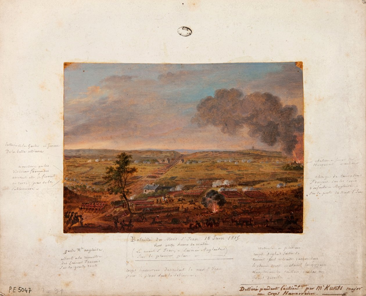 Slaget ved Mont-Saint-Jean, tegnet og malt under handlingen av major Kunts fra Hannover-enheten, 18. juni 1815 (blyant og gouache på papp) av German School