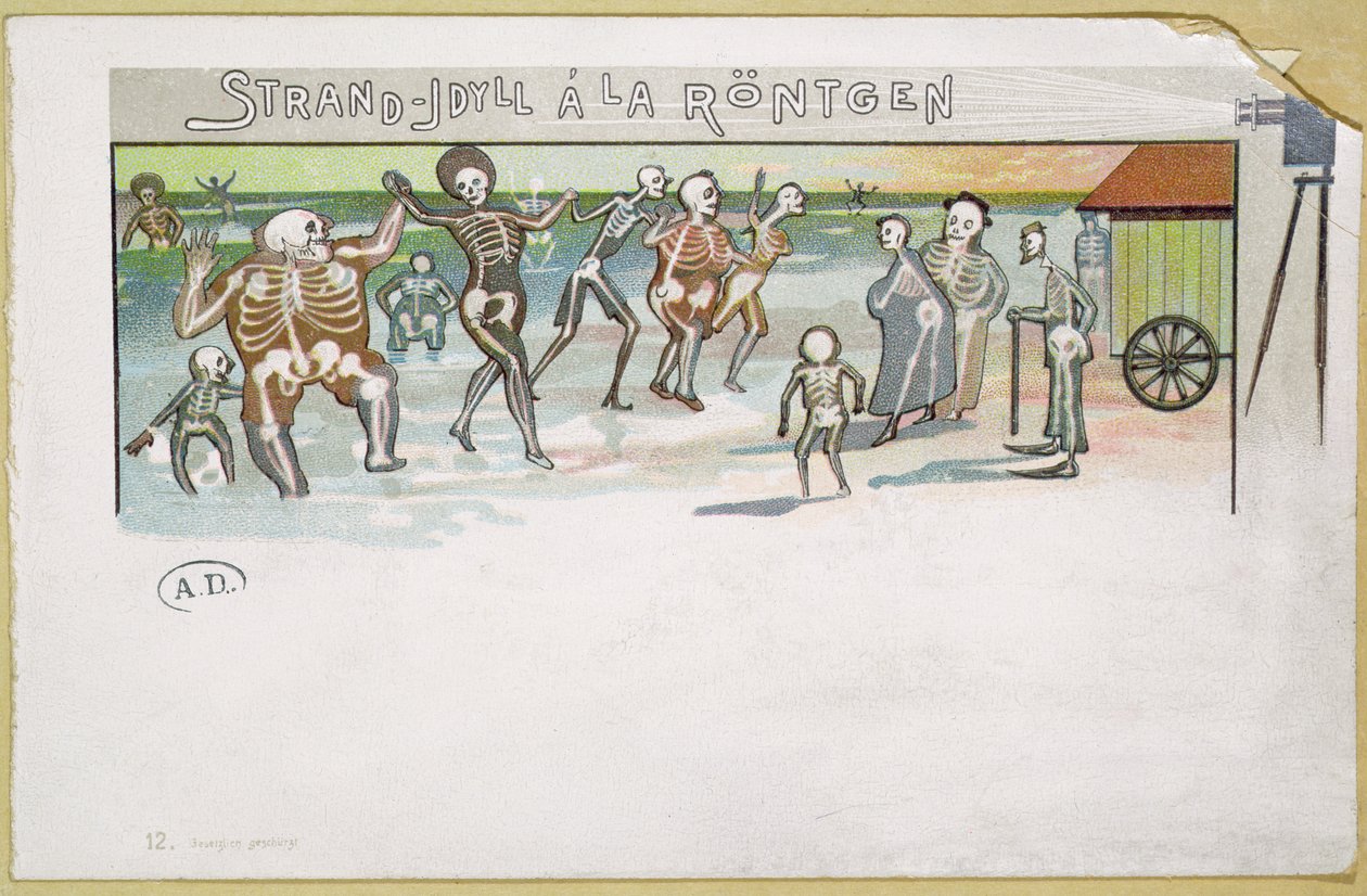Strandidyll i Rontgen-stil, tegneserie om røntgen, ca. 1896-99 (fargegravering) av German School
