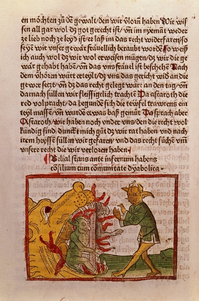 Belial at the Gates of Hell, illustrasjon fra en tysk oversettelse av Das Buch Belial, 1473 (farget tresnitt) av German School
