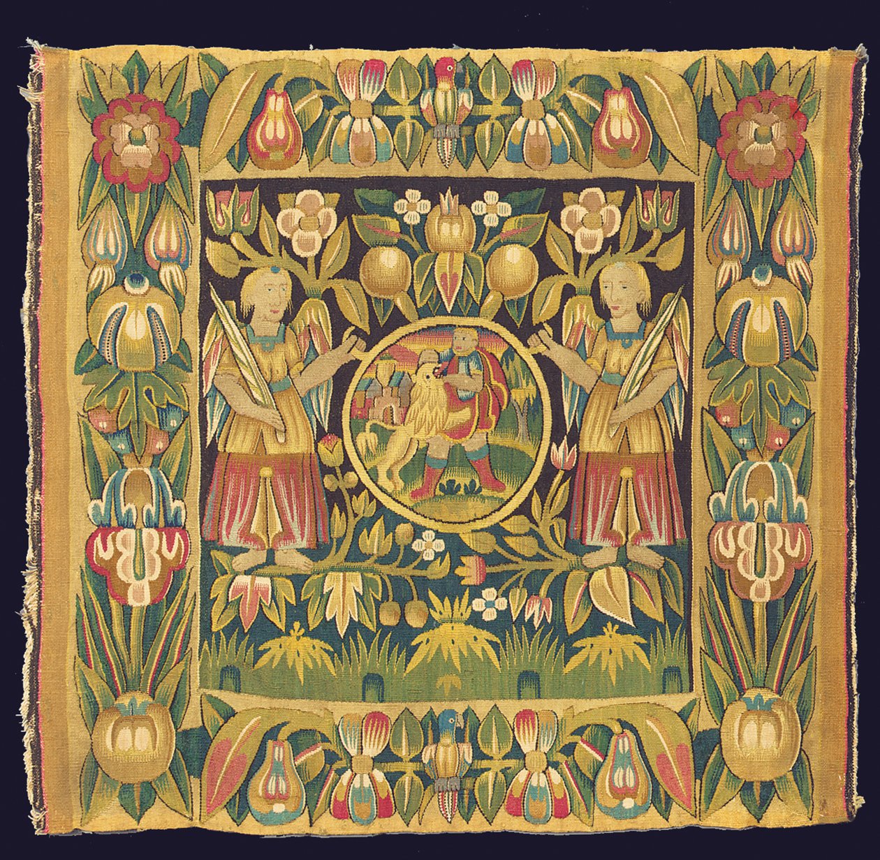 Bibelsk billedvev-panel som viser Samson og løven, muligens 1600-tallet, Nord-Tyskland, Schleswig Holstein eller Hamburg av German School