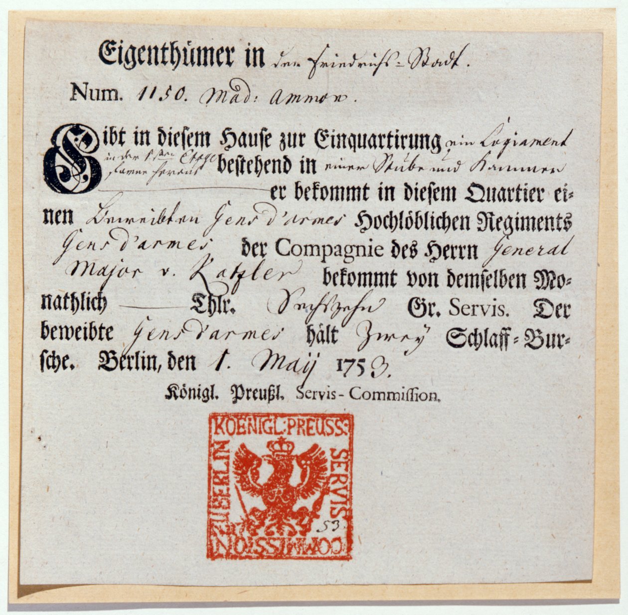 Faktureringskupong, 1759 (trykk og penn og blekk) av German School