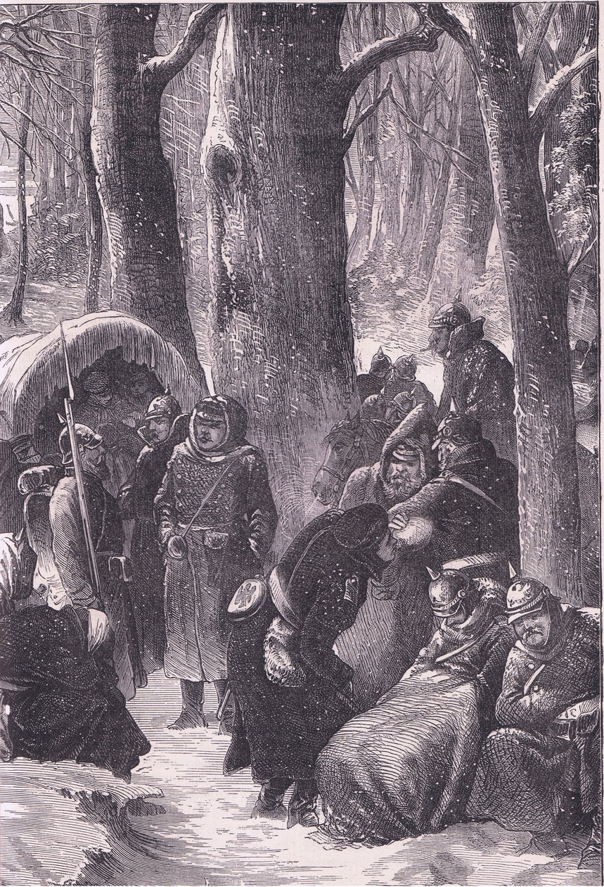 Bivuak i snøen, Cassells historie om krigen mellom Frankrike og Tyskland utgitt av Cassell and Company Limited, ca. 1890 (litho) av German School