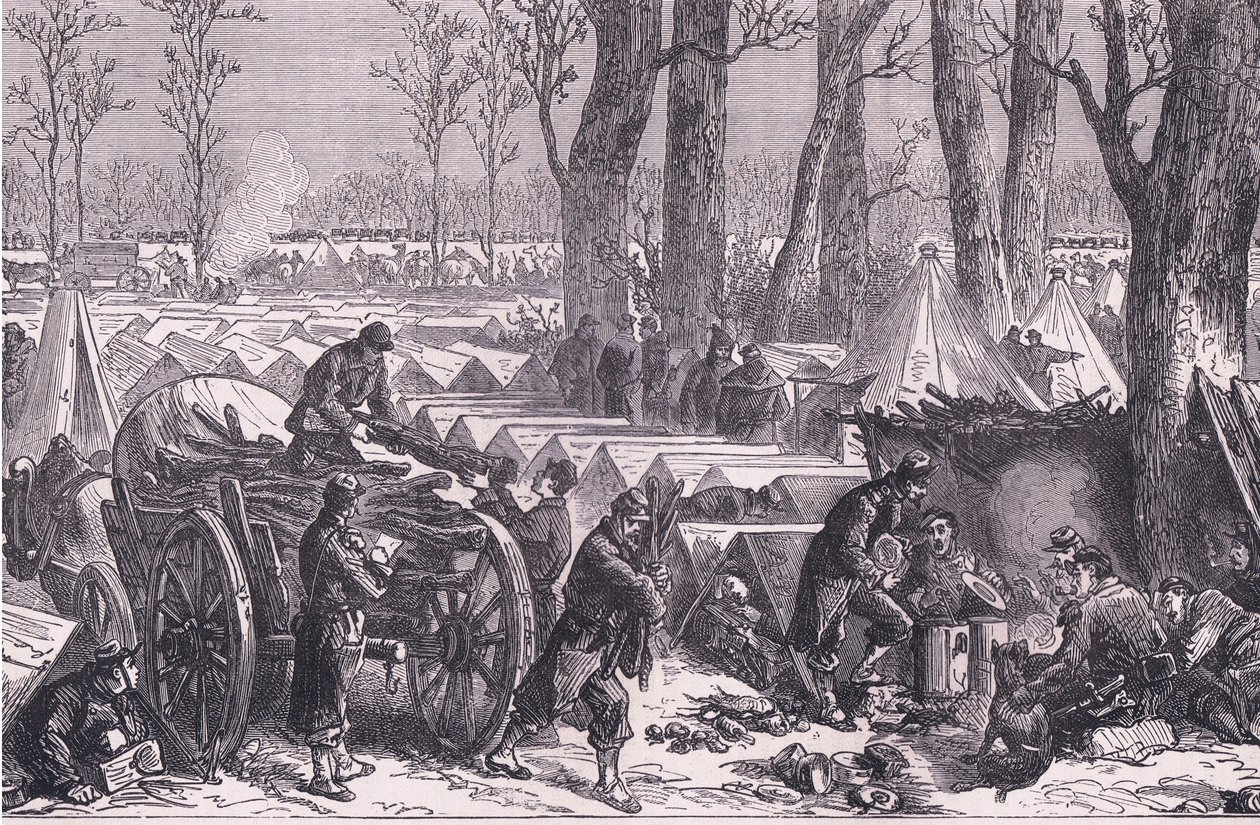 Bivuakk av general Du Croys tropper i skogen til Vincennes, Cassells History of the War between France and Germany utgitt av Cassell and Company Limited, ca. 1890 (lito) av German School