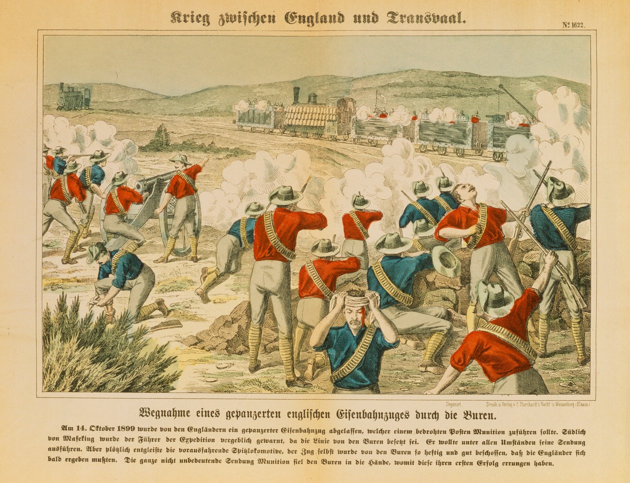 Boere beslaglegger et pansret engelsk tog under den andre boerkrigen, nær Maseking, 14. oktober 1899, utgitt av C. Burckhardts Nachf, Weissenburg, 1899 av German School