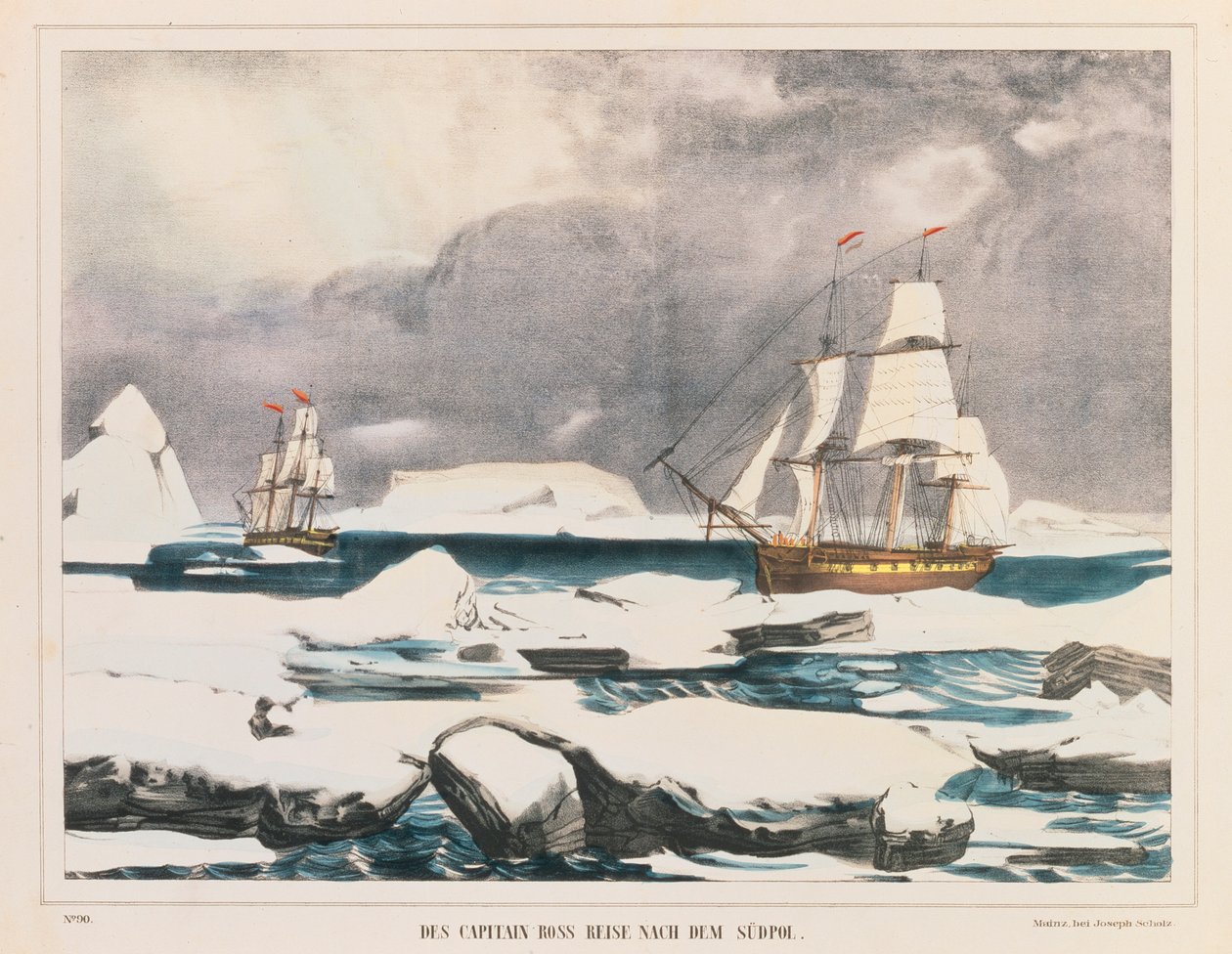 Britisk polfarer Captain Ross-ekspedisjon til Antarktis, utgitt av J. Scholz, Mainz, mellom 1839-42 av German School