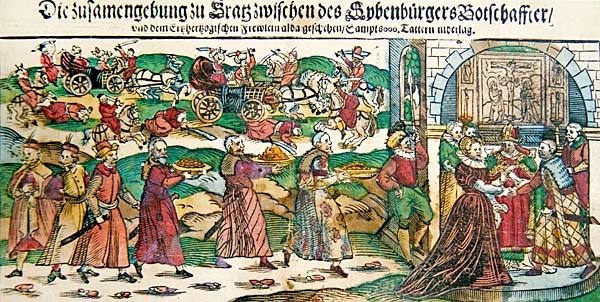 Broadsheet-avisberetning og illustrasjoner av proxy-ekteskapet i mars 1595 til erkehertuginne Maria Christina av Østerrike med ambassadøren til Sigismund Báthory, prinsen av Siebenbürgen (Transylvania) og av slaget ved Călugăreni i august 1595, ca. av German School