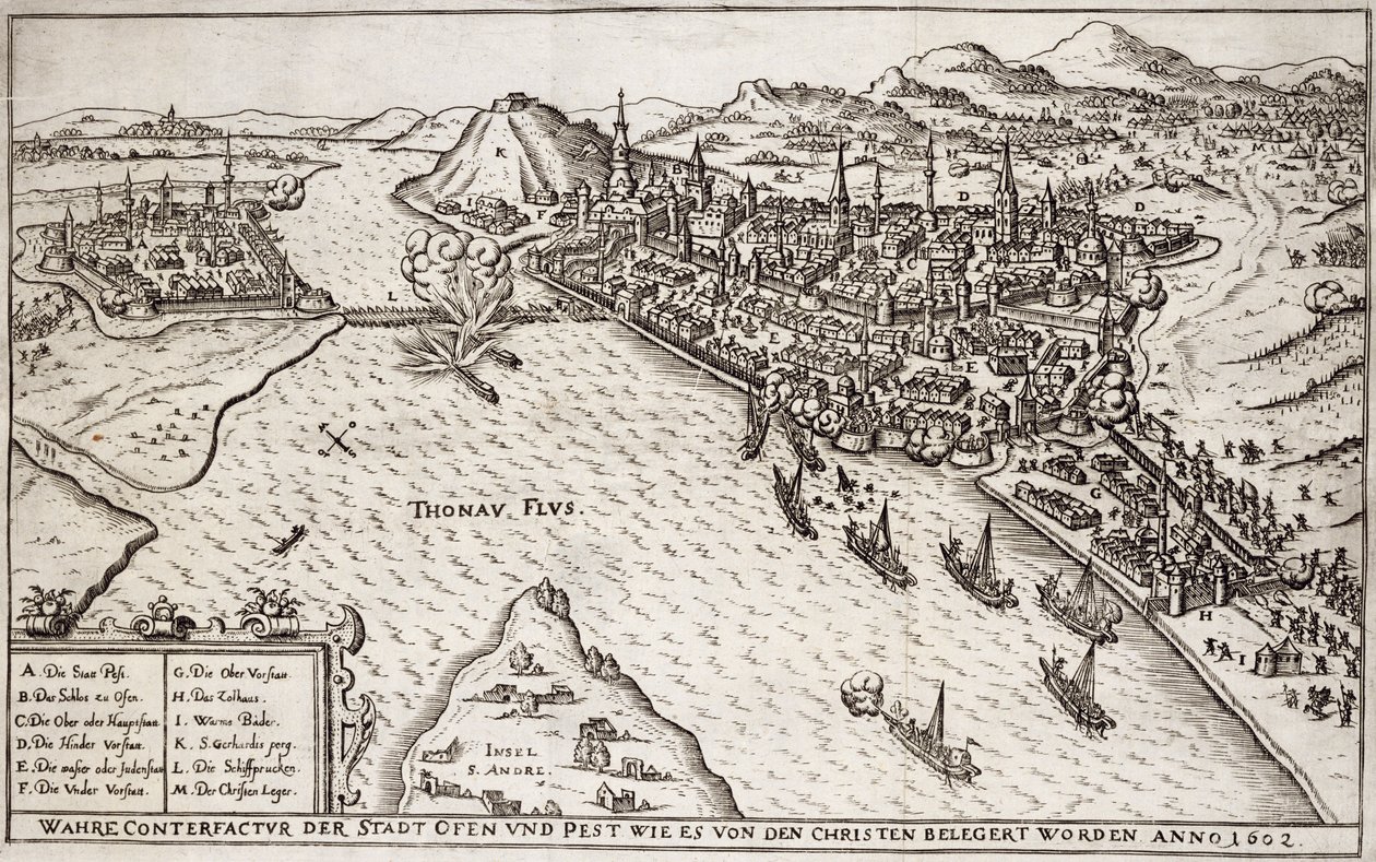 Buda og skadedyr beleiret av de kristne i 1602, illustrasjon fra en bok om de osmanske kampanjene i Europa, gravert av Paul Furst (ca. 1605-66) av German School