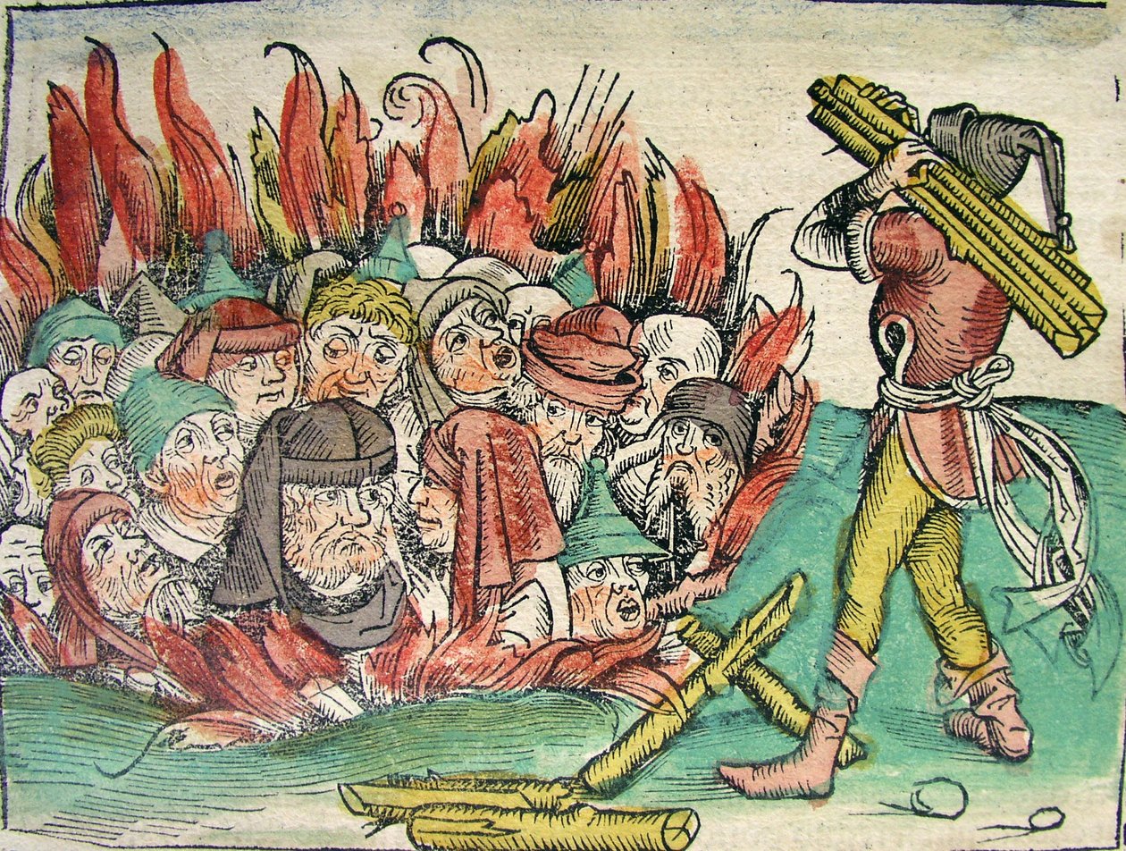 Brenning av jødene, publisert i Nuremberg Chronicle, 1493 av German School