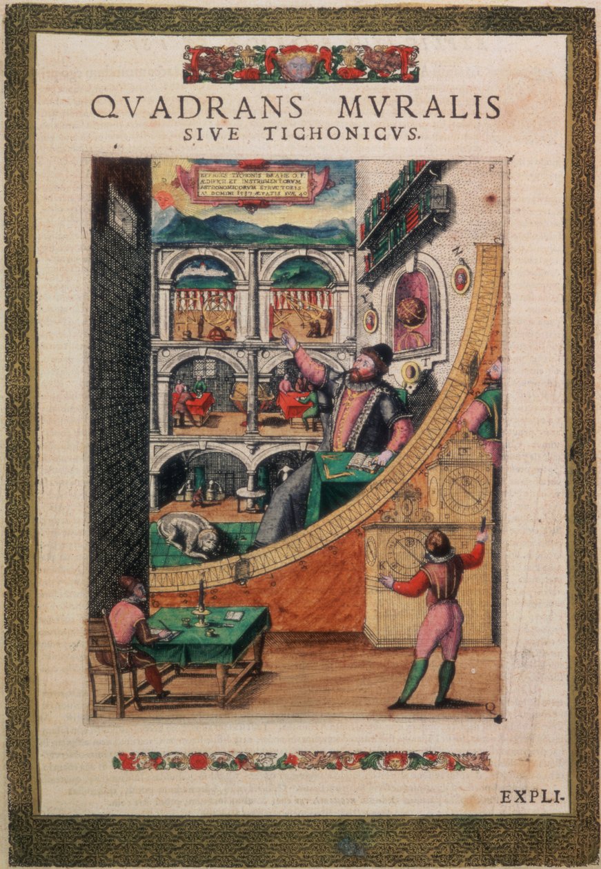 C.45.h.3 Astronomen Tycho Brahe, 40 år gammel, i 1587, blant sine astronomiske instrumenter, fra `Tychonis Brahe, Astronomi Instaurat Mechanica