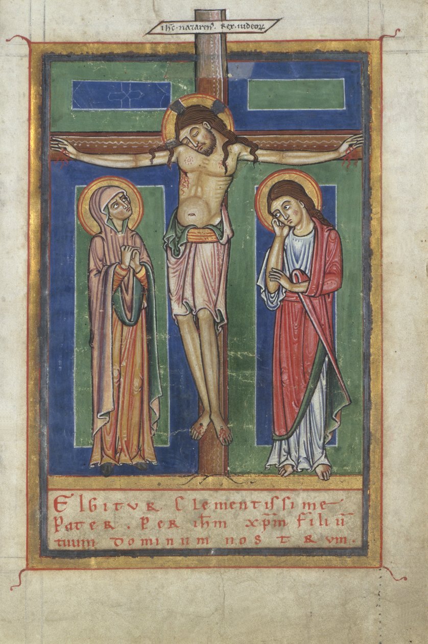 Kanonside fra en sakramentarius, med korsfestelsen, ca. 1150-1160 (tempera og bladgull på pergament) av German School