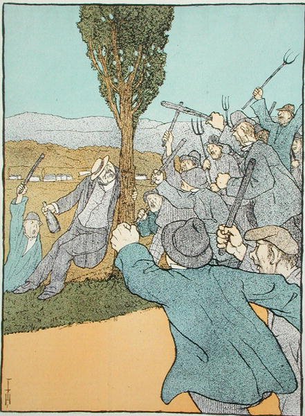Karikatur fra magasinet Simplicissimus som viser Clemenceau og de opprørske vinprodusentene, juli 1907 (farge litho) av German School