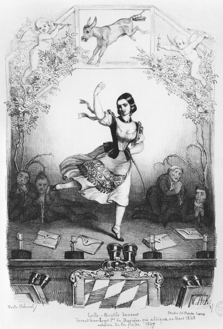 Karikatur av Lola Montes (1821-61) dansende foran kong Ludwig I av Bayern (1786-1868) ca. 1847 av German School