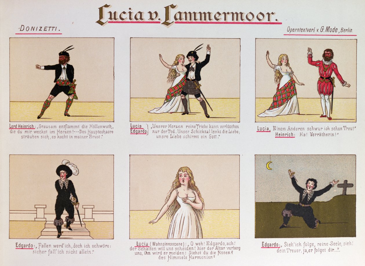 Tegneserie som gjør narr av operaen Lucia di Lammermoor av Donizetti (farge litho av German School