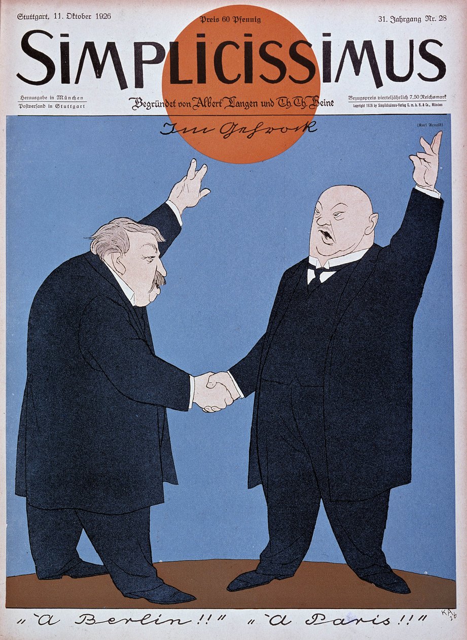 Tegneserie om den fransk-tyske tilnærmingen: Briand og Stresemann - i "" Simplicissimus"" av 11.10.1926 (gravering) av German School