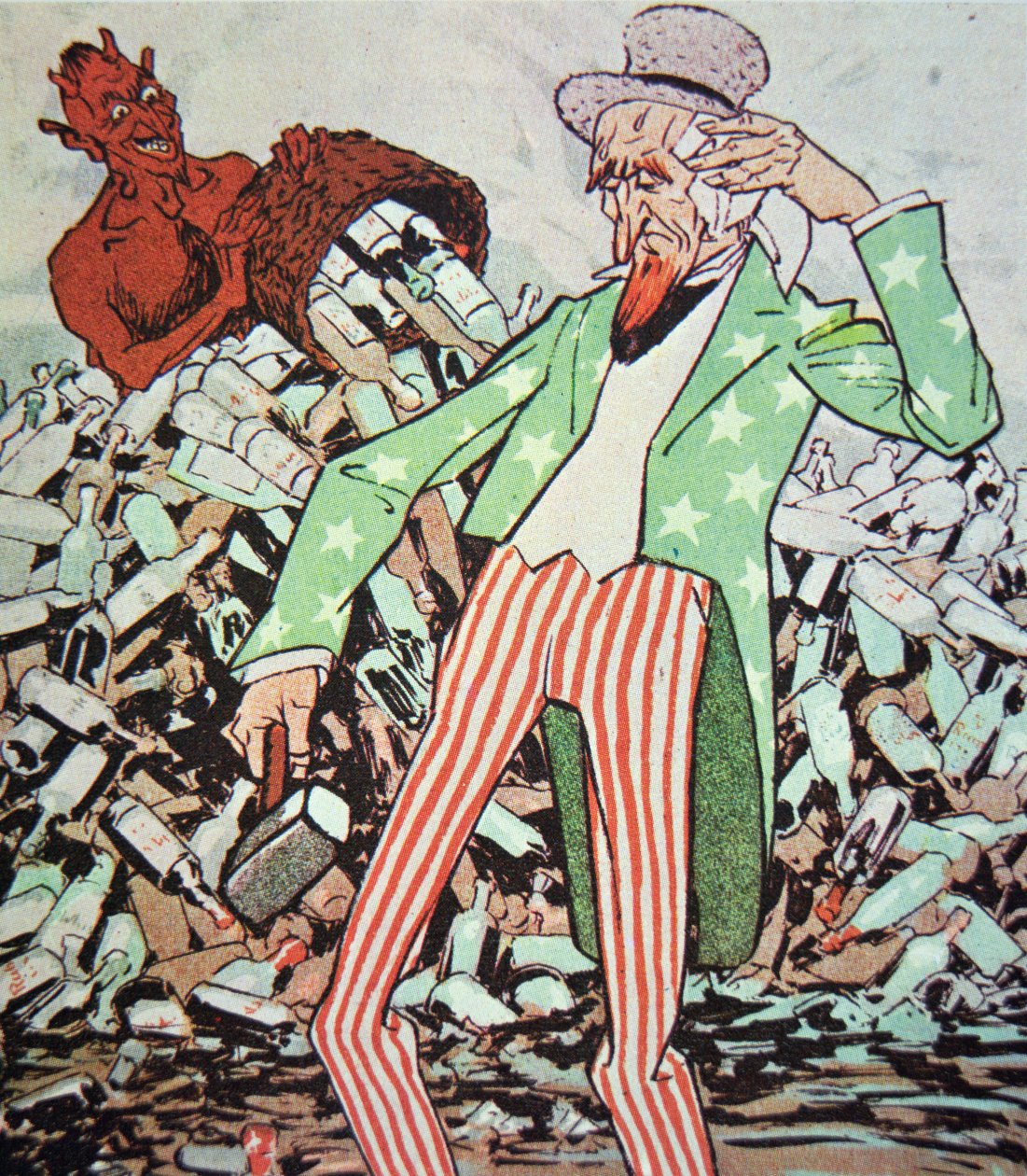 Tegneserie som viser onkel Sam utmattet av strømmen av bootleg produsert av djevelen, under forbudstiden (1920–33) (litho i farger) av German School