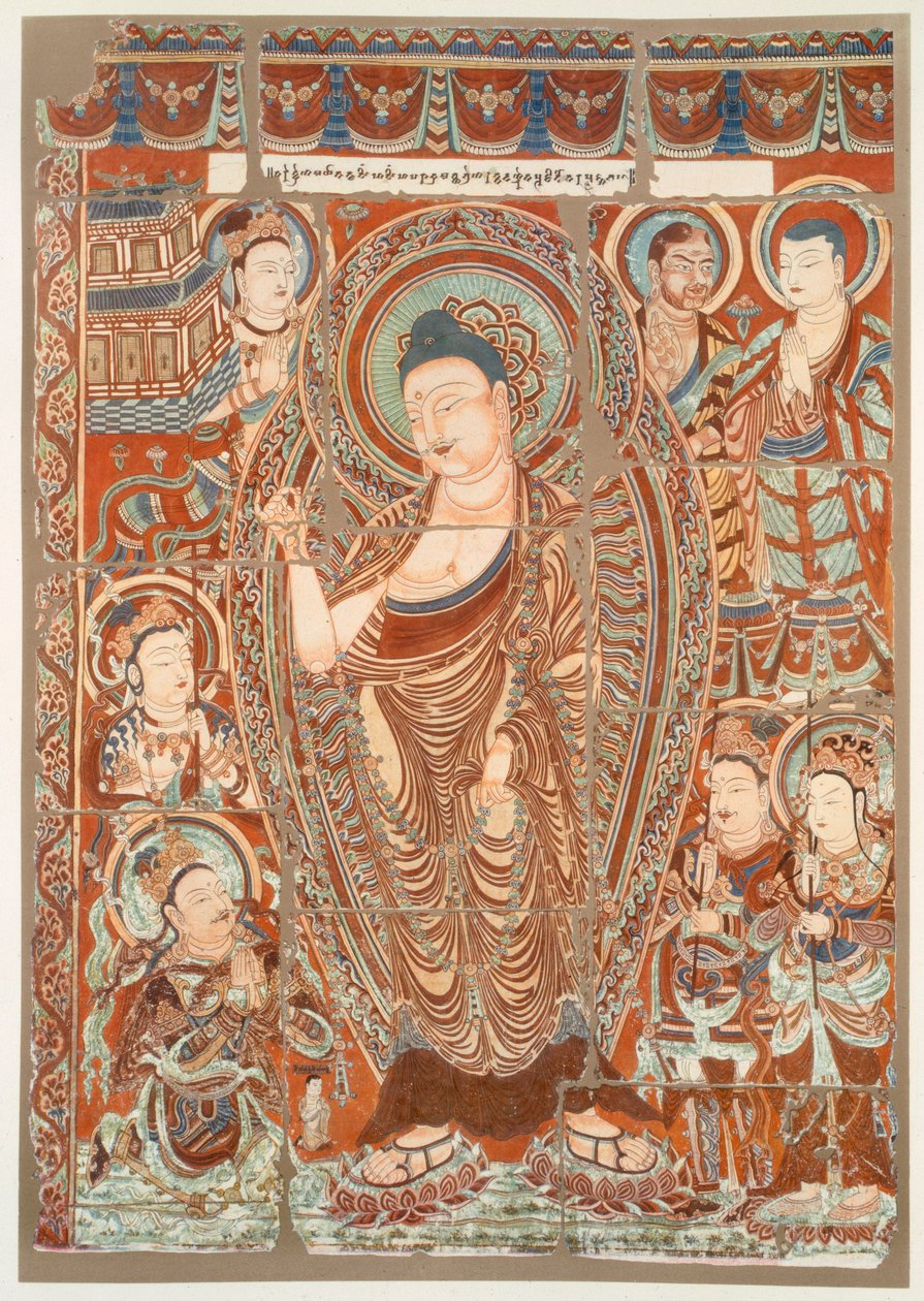 Hulemaleri som viser tilbedelsen av Buddha Simha, pub. C1913. av German School