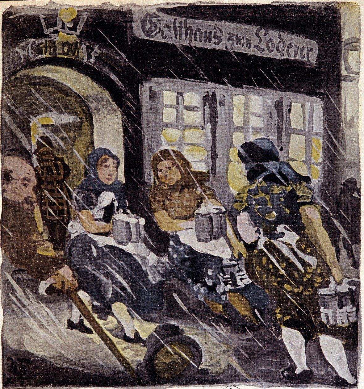 Karakterer på terrassen til bryggeriet Max Feldbauer under snøen, München (Munchen), Tyskland. Gravering fra 1905. Paris, Dekorativ kunst av German School