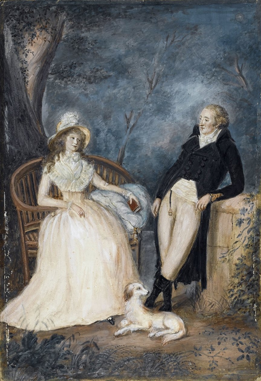 Charlotte von Stein (1742-1827) og Johann Wolfgang von Goethe (1749-1832) i samtale - tysk mester - andre halvdel av 1700-tallet. - Akvarell på papp - Privat samling av German School