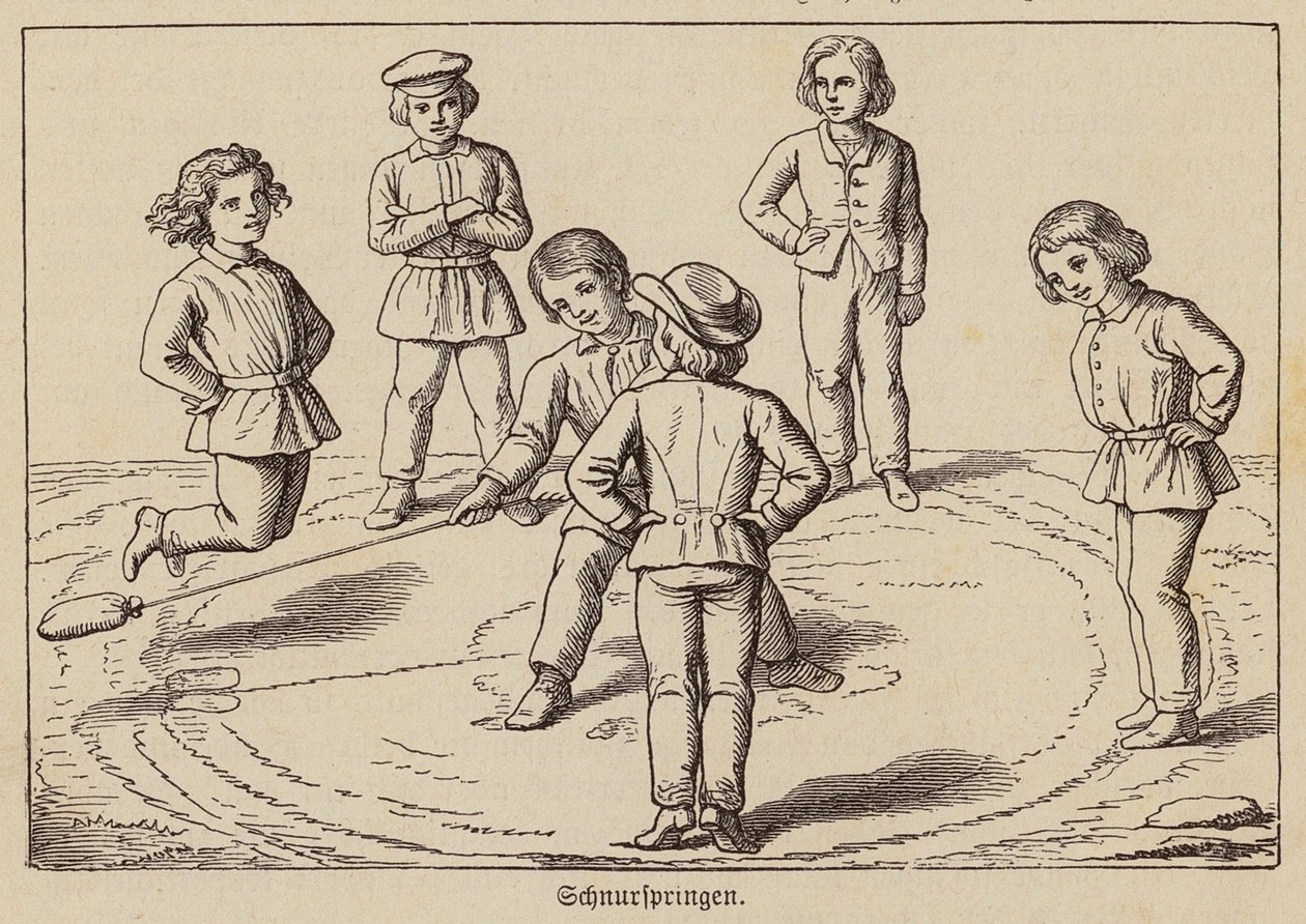 Barn som leker et tauhoppespill (gravering) av German School
