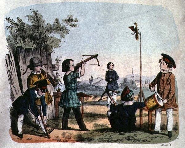 Barn som skyter et mål med en arkebuse, ca. 1860 (fargegravering) av German School