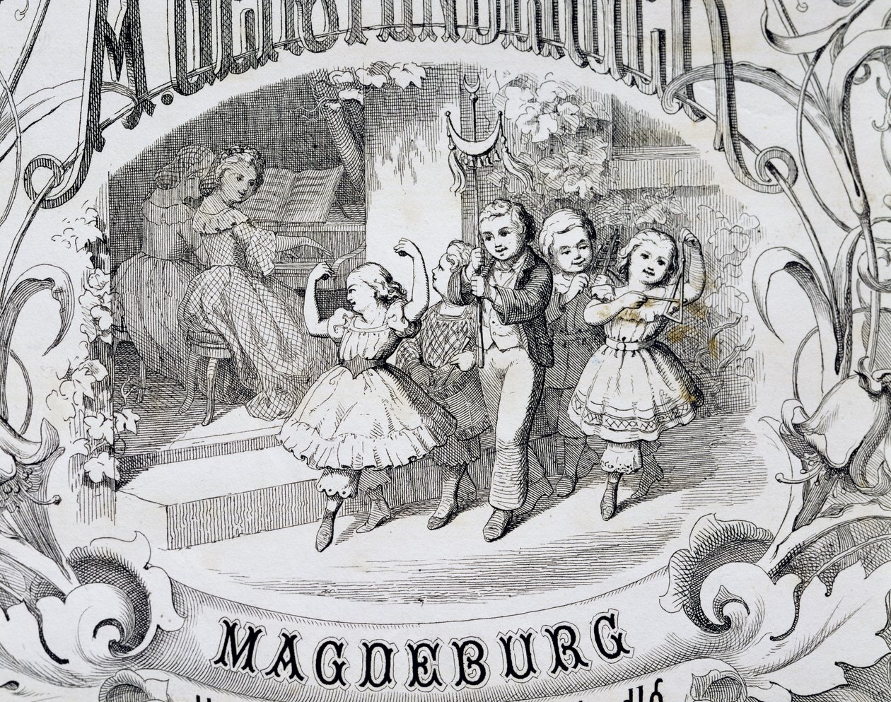 Barnedansescene, detalj på tittelsiden til samlingen av musikk og danser for barn utgitt i Magdeburg. Tyskland av German School