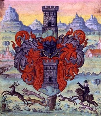 Våpenskjold innenfor en jaktscene, ca. 1640 (gouache på vellum) av German School