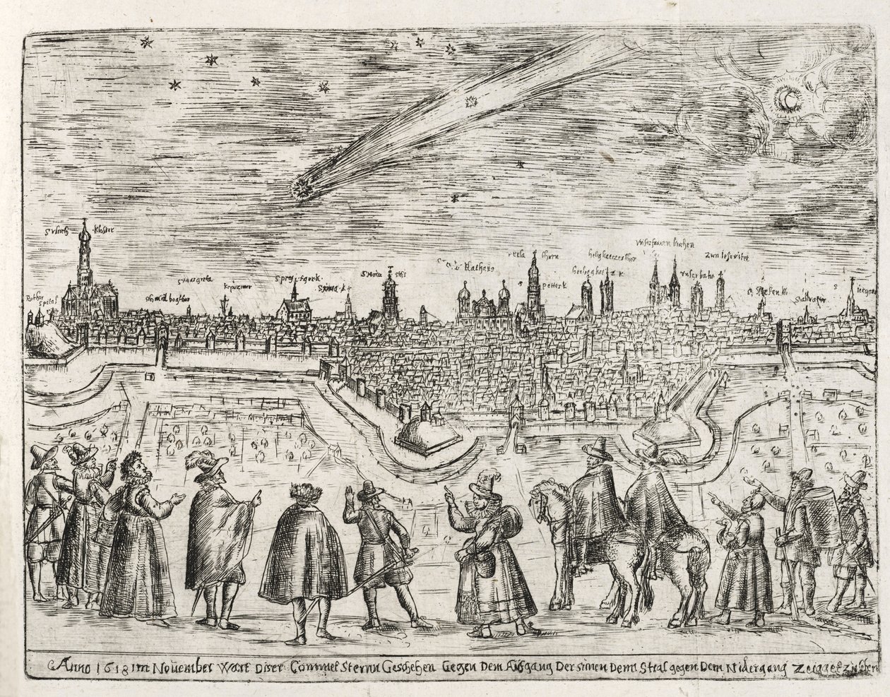Komet sett over Augsburg slutten av november 1618, fra Cometen Historia, pub. 1618 av German School