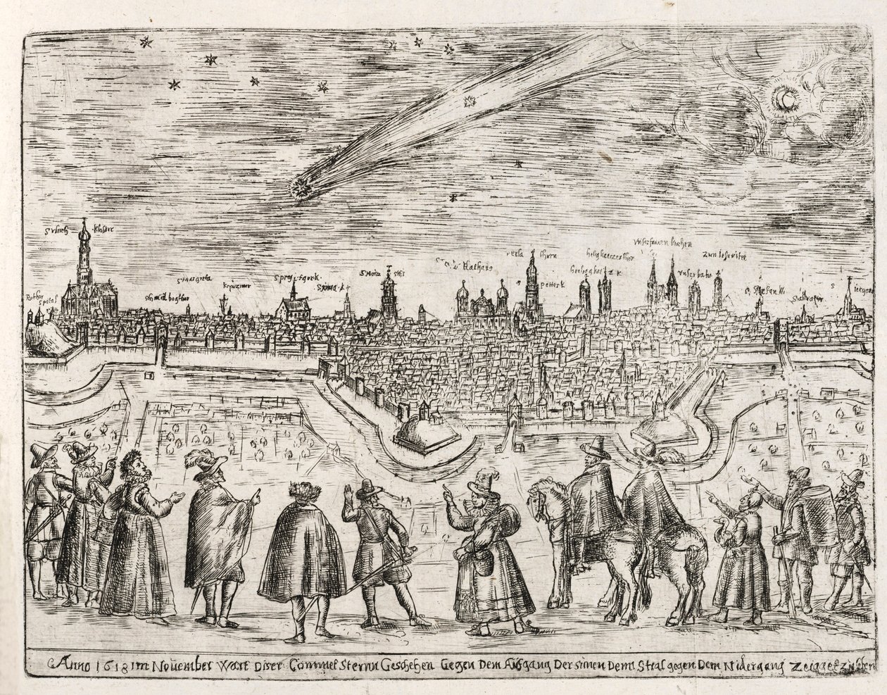 Komet sett over Augsburg slutten av november 1618, pub. 1618. av German School